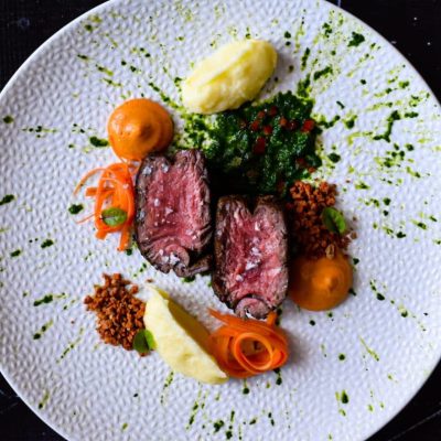 Sous Vide Beef Tenderloin with Mashed Potatoes, Pepper Cream & Chimichurri