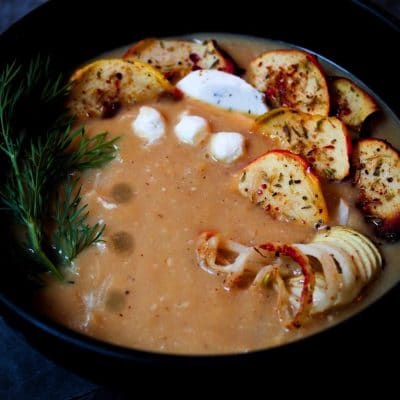 Kohlrabi and Apple Soup with Herbed Goat Cheese