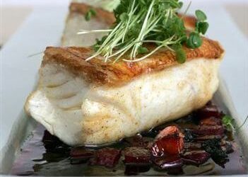 Roast Halibut w/ Beetroot, Bacon, Black Pudding Dressing & Horseradish Cream