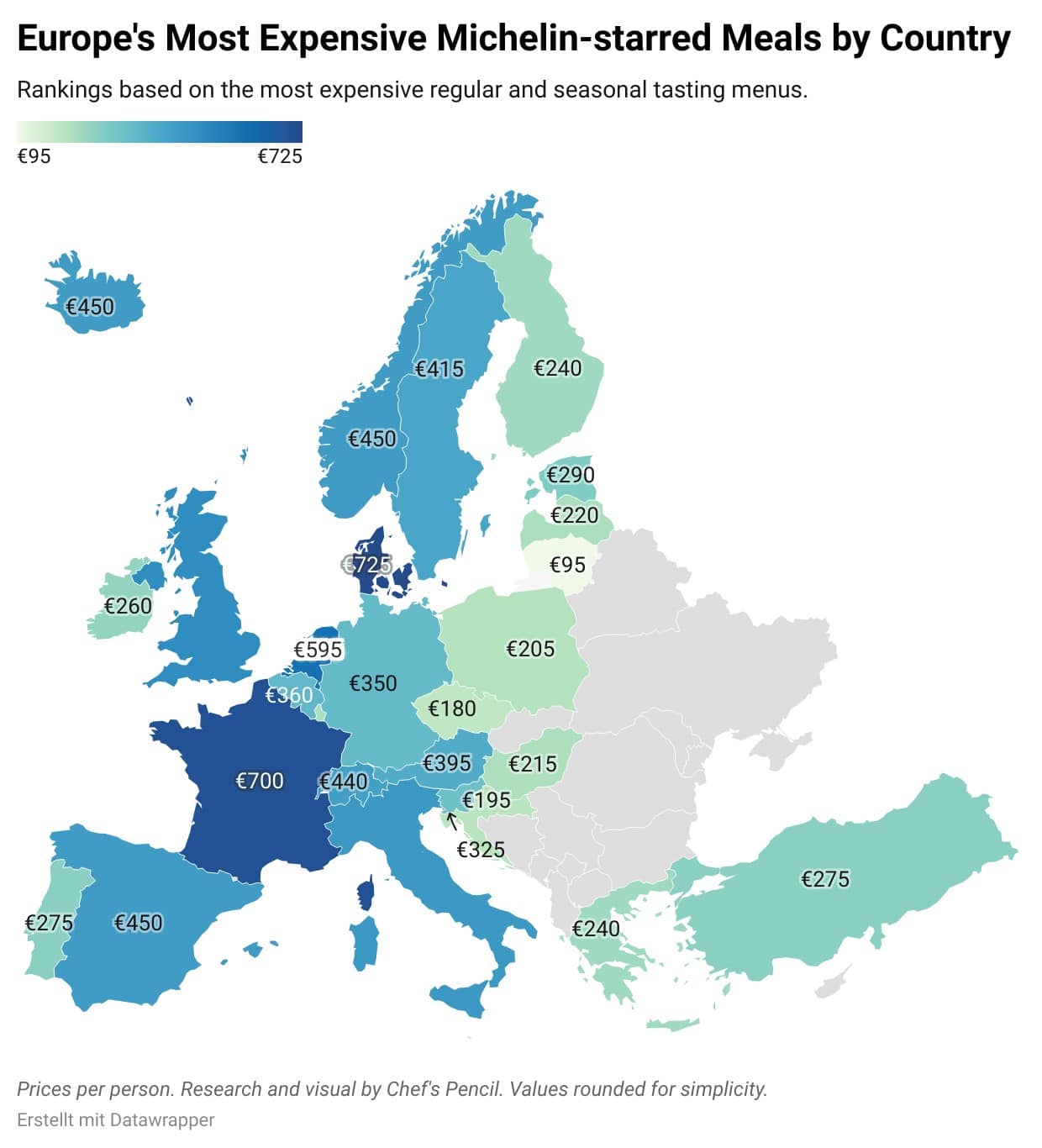 Map showing the most expensive Michelin restaurants in every country in Europe in 2024