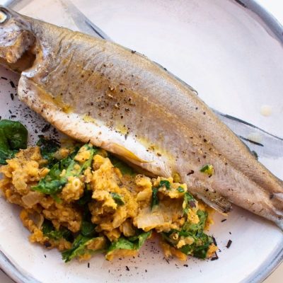 Oven-baked Trout with Lentils & Spinach