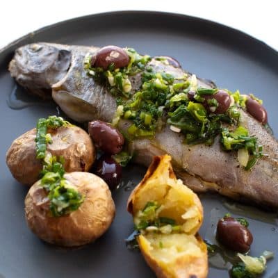 Fish with Salsa, Olives and Baked Potatoes