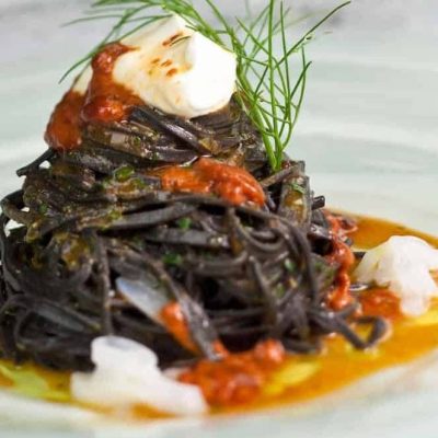 Homemade Black Spaghetti w Sea Urchins, Ricotta & Cuttlefish