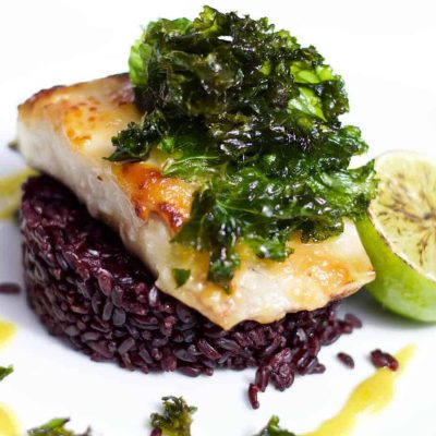 MISO COD WITH BLACK PILAF RICE, WASABI ESSENCE