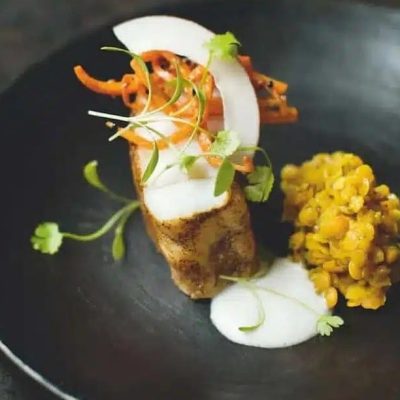 Monkfish Masala with Red Lentils & Pickled Carrots