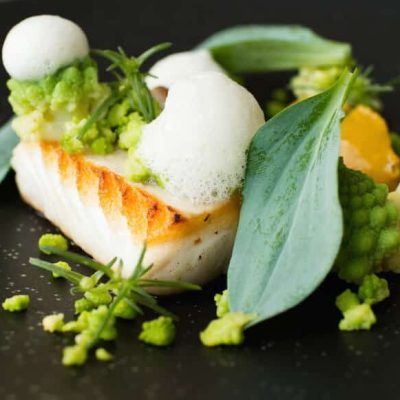 Halibut w/ Curry, Romanesco & Bergamot Oil