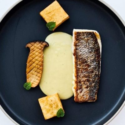 Pan-Fried Sea Bream with Leek Cream & King Oyster Mushrooms