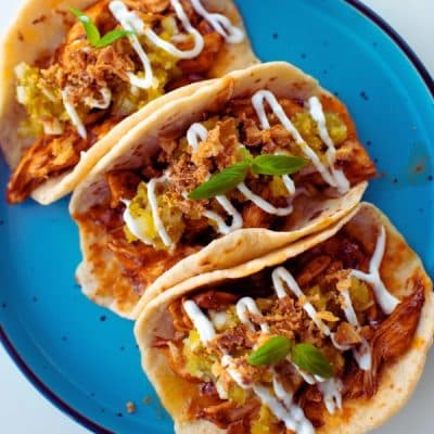 Pulled Chicken Tacos with Tomatillos Salsa