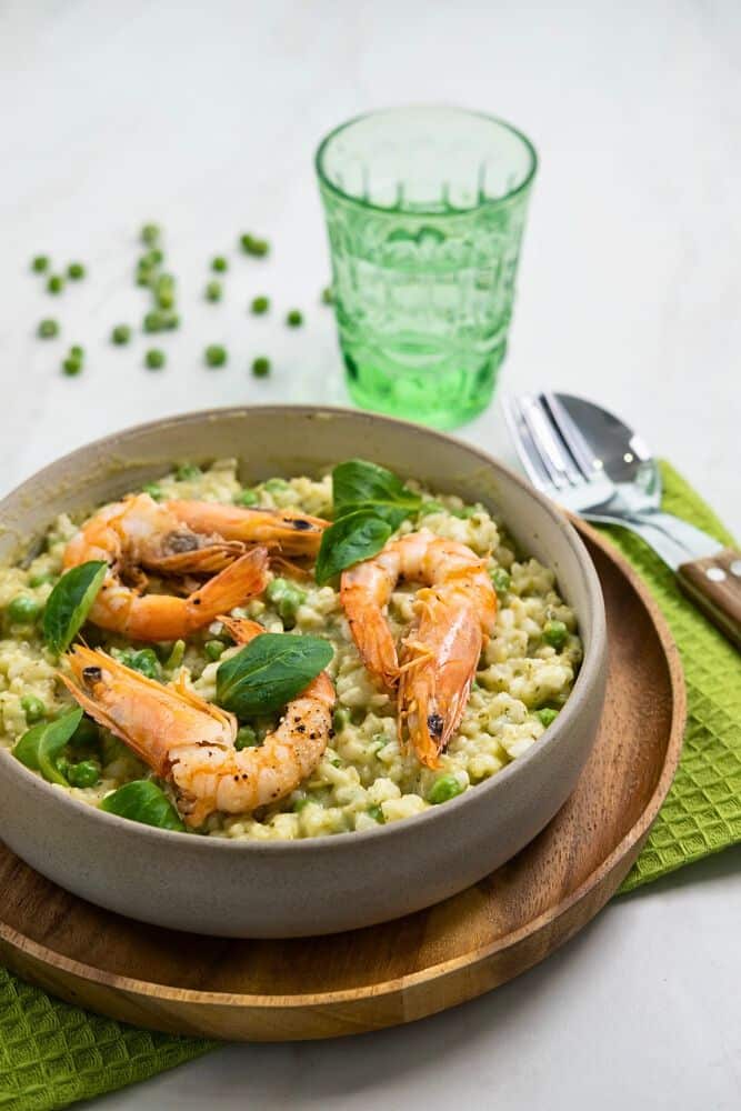 Risotto with Peas, Valerian and Prawns