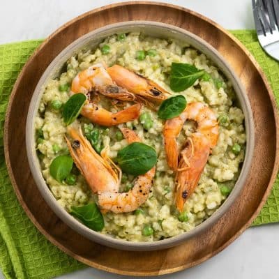 Risotto with Peas, Valerian and Prawns