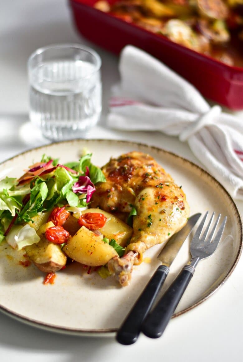 Roasted Chicken Thighs with Potatoes & Garlic