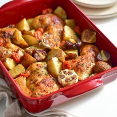 One Pan Garlic Roasted Chicken Thighs w/ Potatoes