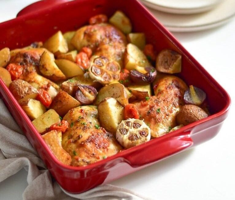 One Pan Garlic Roasted Chicken Thighs w/ Potatoes