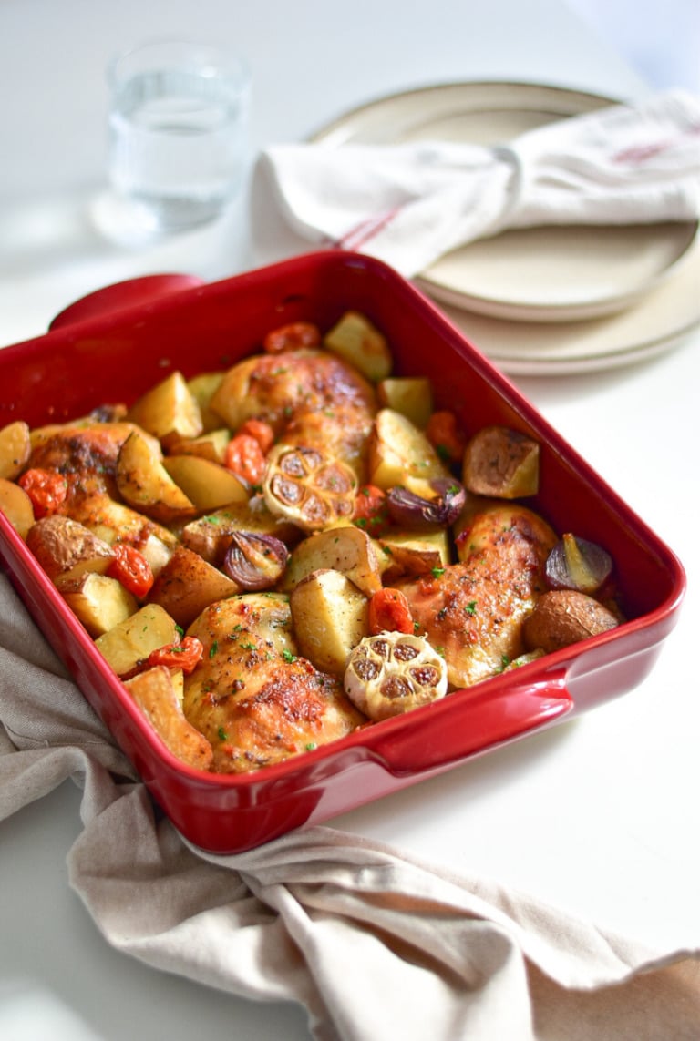 One Pan Garlic Roasted Chicken Thighs w/ Potatoes