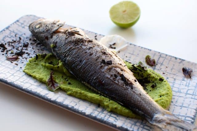 Sea Bass with Pea Puree and Leek Ash