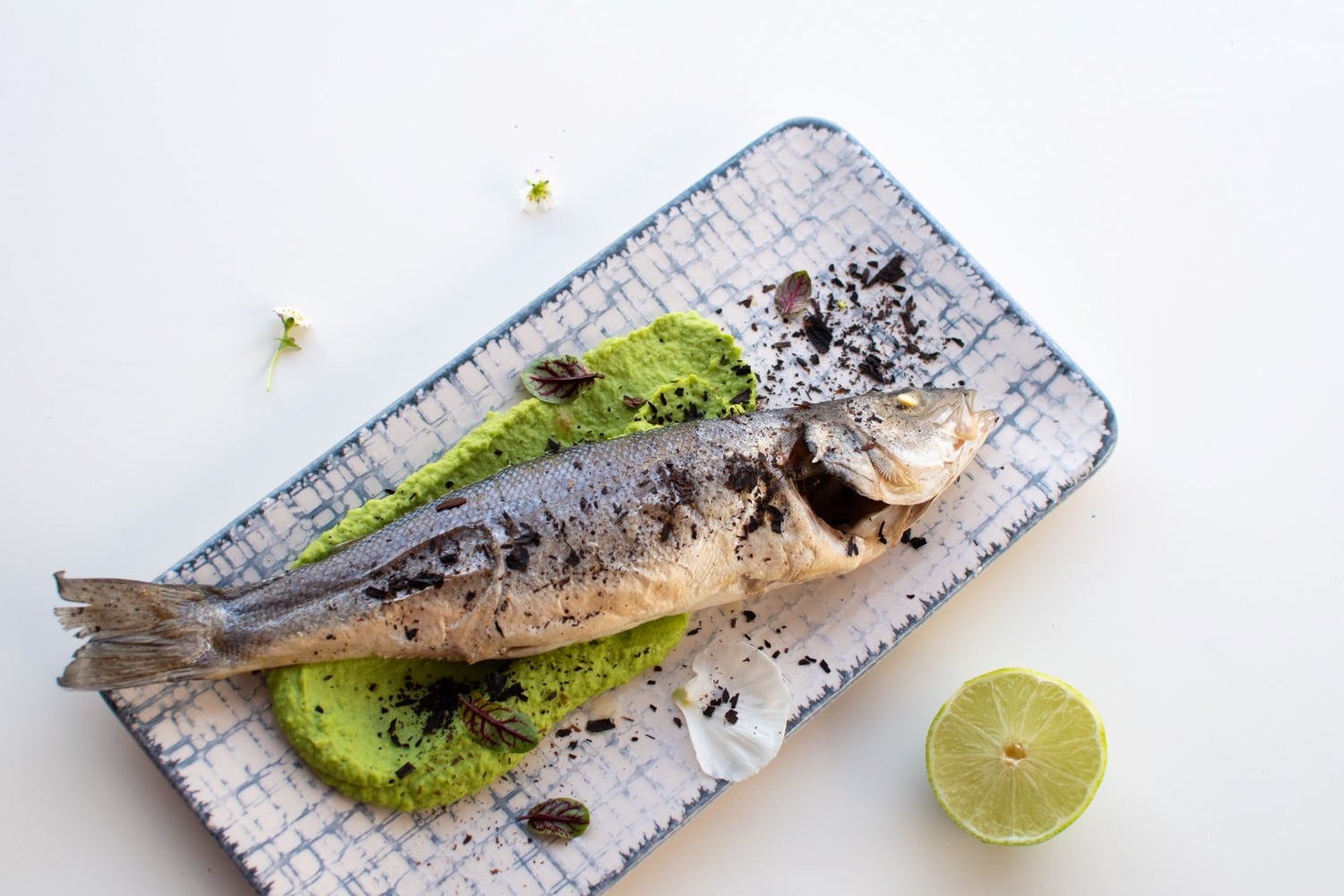 Sea Bass with Pea Puree and Leek Ash