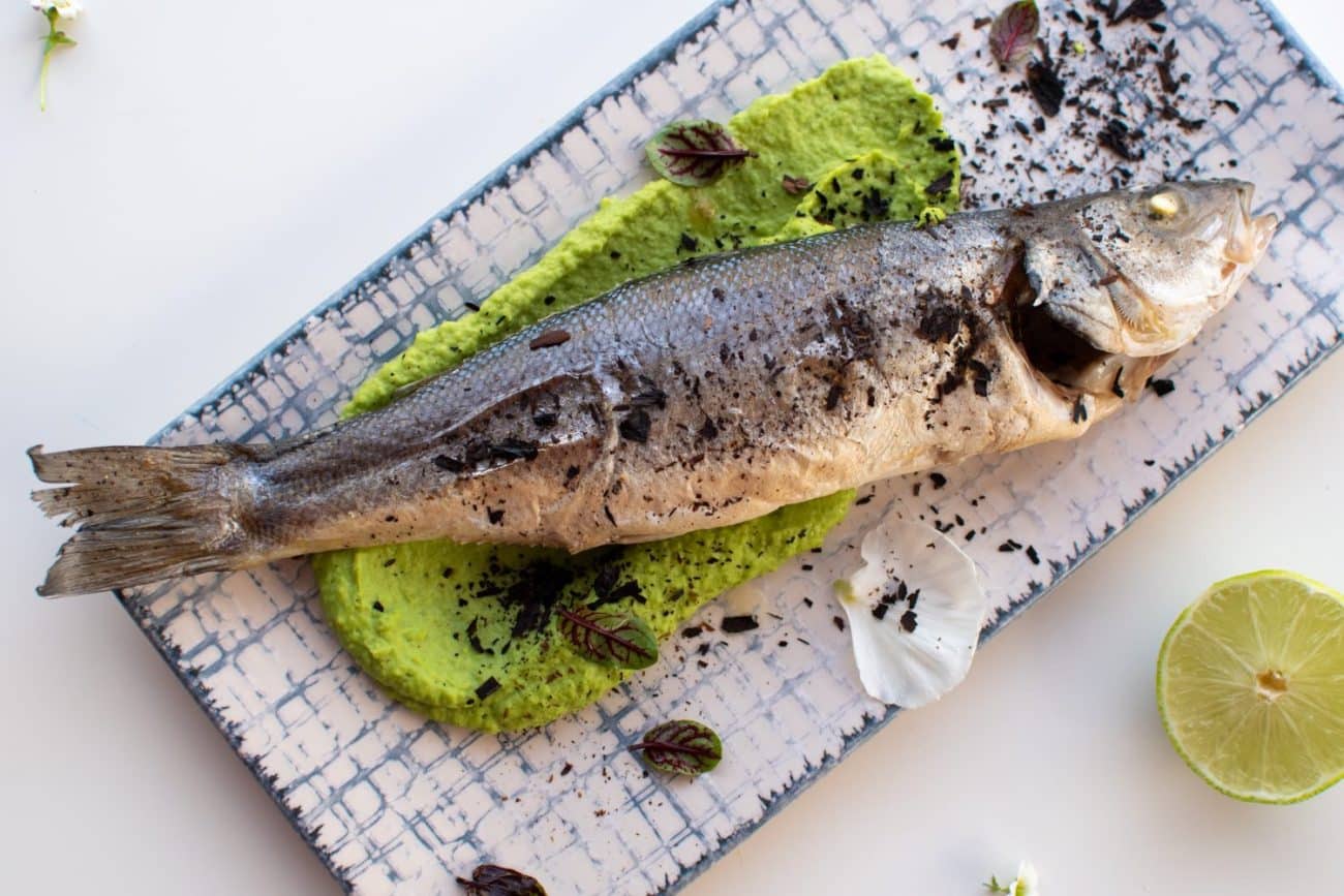 Sea Bass with Pea Puree and Leek Ash