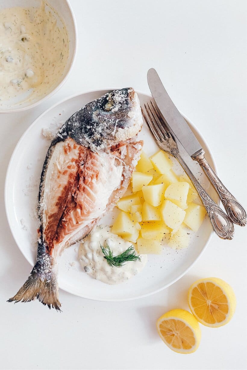 Salt-Crusted Sea Bream (Dorade) with Yogurt Sauce