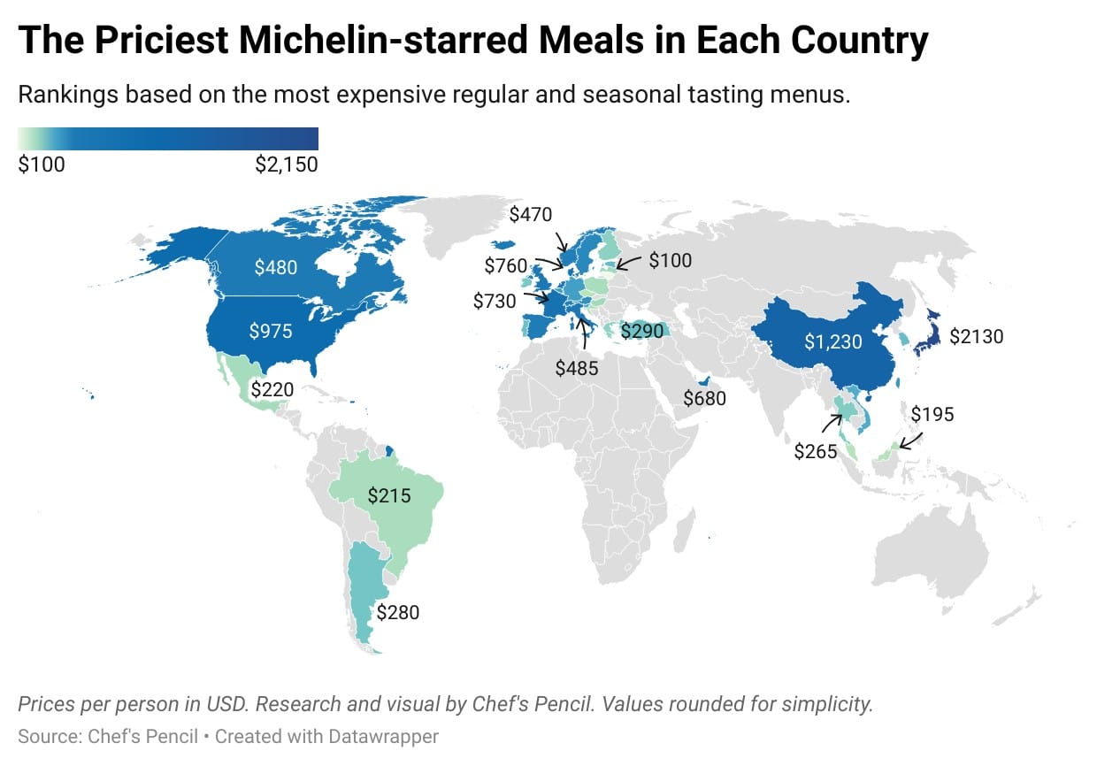 Map showing the most expensive Michelin restaurants in every country around the world