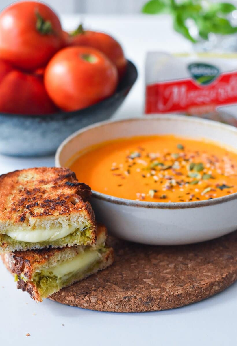 Tomato Carrot Soup w/ Pesto Mozzarella Sandwich