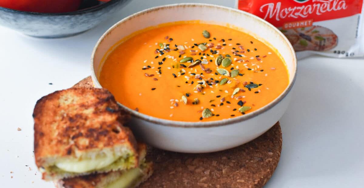 Tomato Carrot Soup w/ Pesto Mozzarella Sandwich