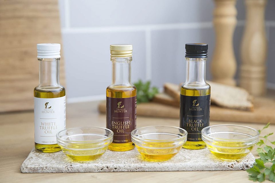 TruffleHunter Truffle Oil Selection Gift Set - White, English & Black Truffle Oil (3 x 3.38 Oz) Real Truffle Pieces Olive Oil Gourmet Food Seasoning...