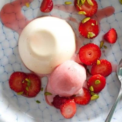 White Chocolate Panna Cotta w/ Strawberry Sorbet